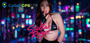 Promo image: neon-lit city background with a woman in a black bikini; pink script reads 'Stellar Rogue' across her torso, CollabGPS logo in the top-left corner.