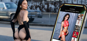 Model in a black high-cut swimsuit outdoors, with a smartphone screen showing a lingerie photoset of another model.